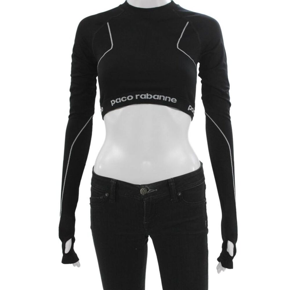 Paco Rabanne Women Cropped Black Mock Neck Long Sleeve T-Shirt Size XS